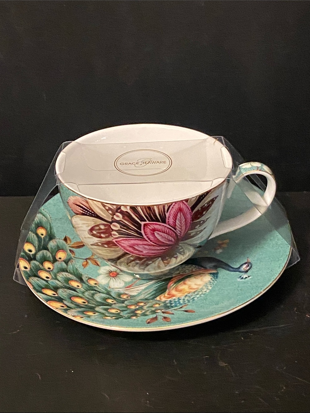 Grace Teaware Peacock Teacup and Saucer Set - Turquoise and Pink NEW